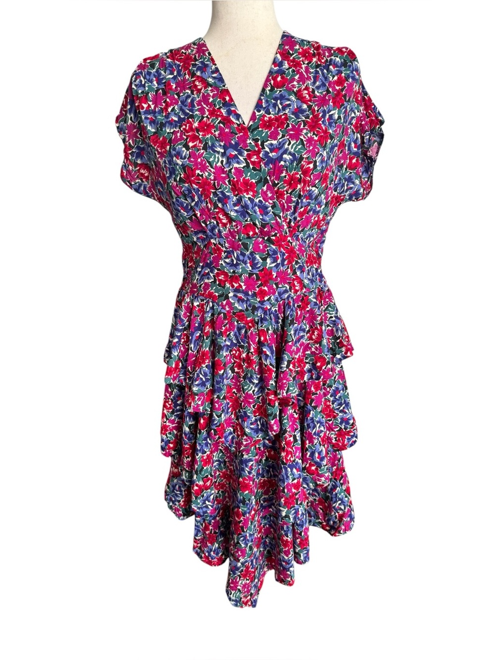 Vintage 80's Dorothy Perkins Fuchsia and Blue Floral Tiered Midi Dress